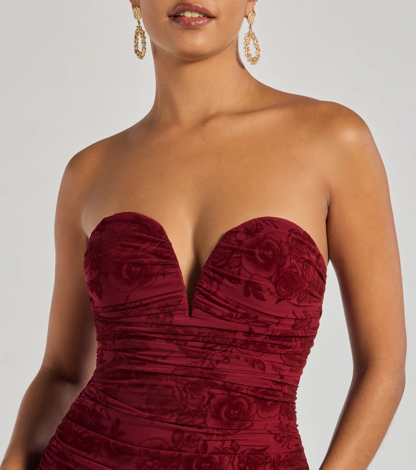 Destiny Strapless Velvet Mesh Midi Dress - Image 3