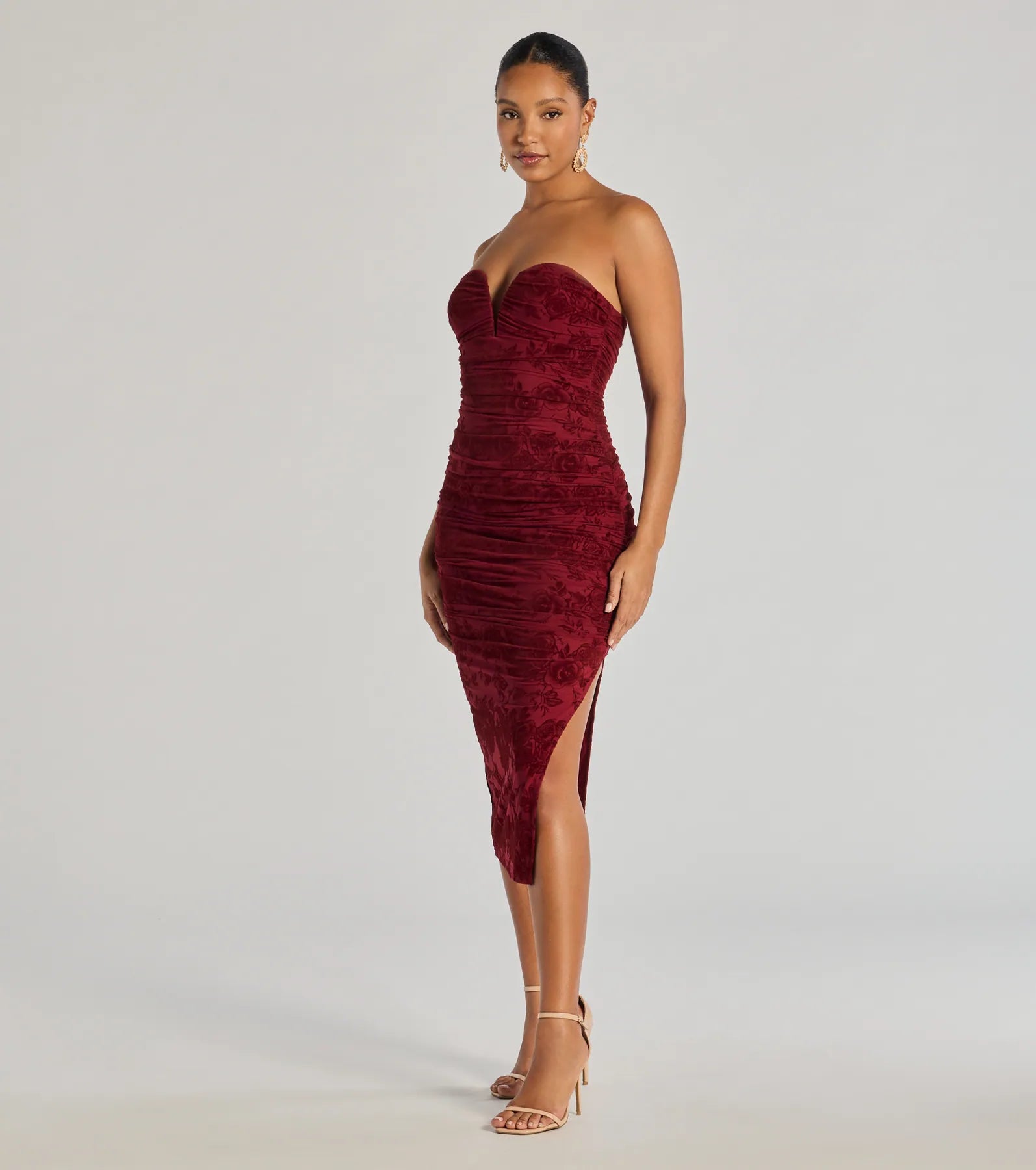 Destiny Strapless Velvet Mesh Midi Dress - Image 4