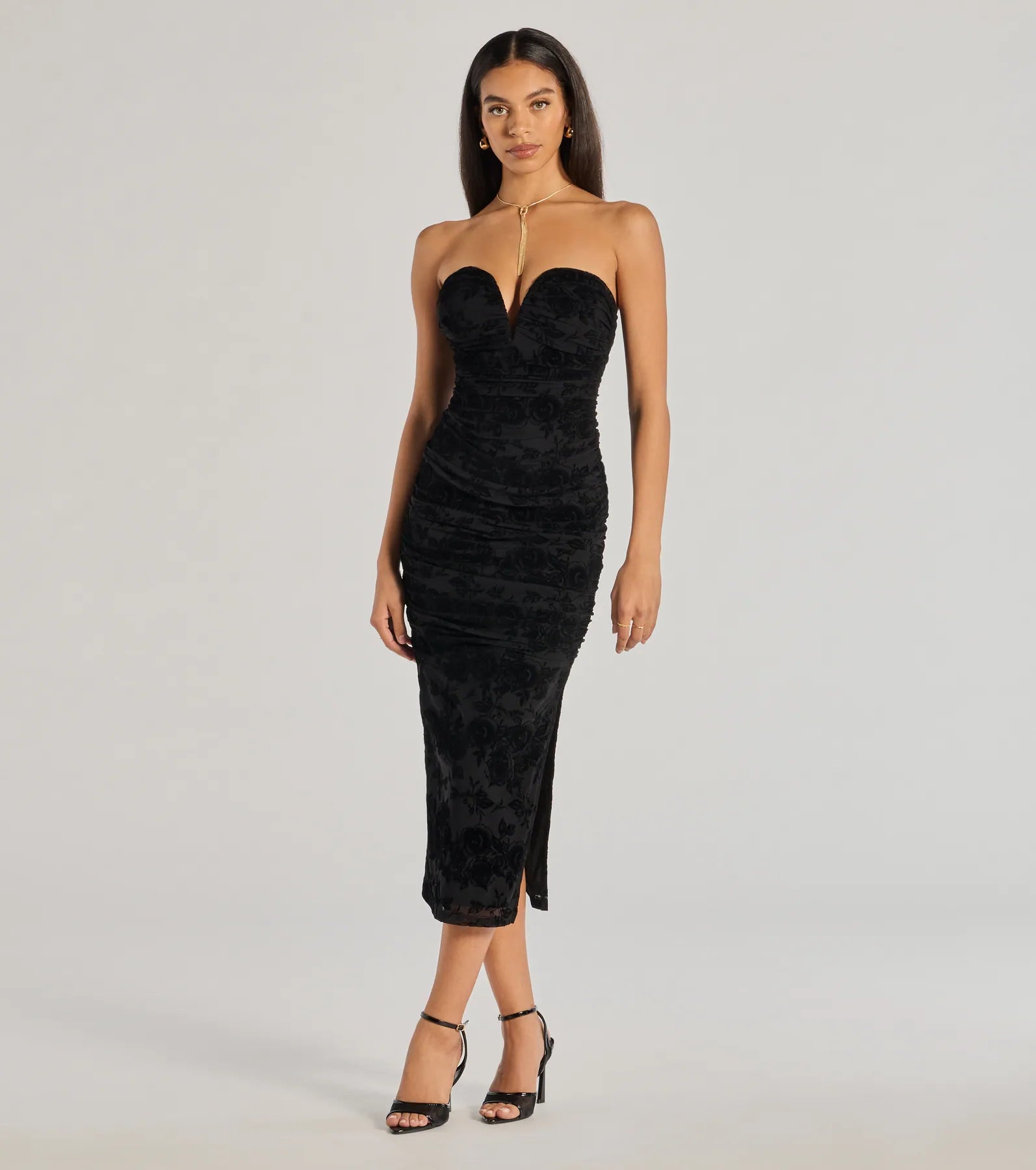 Destiny Strapless Velvet Mesh Midi Dress - Image 5