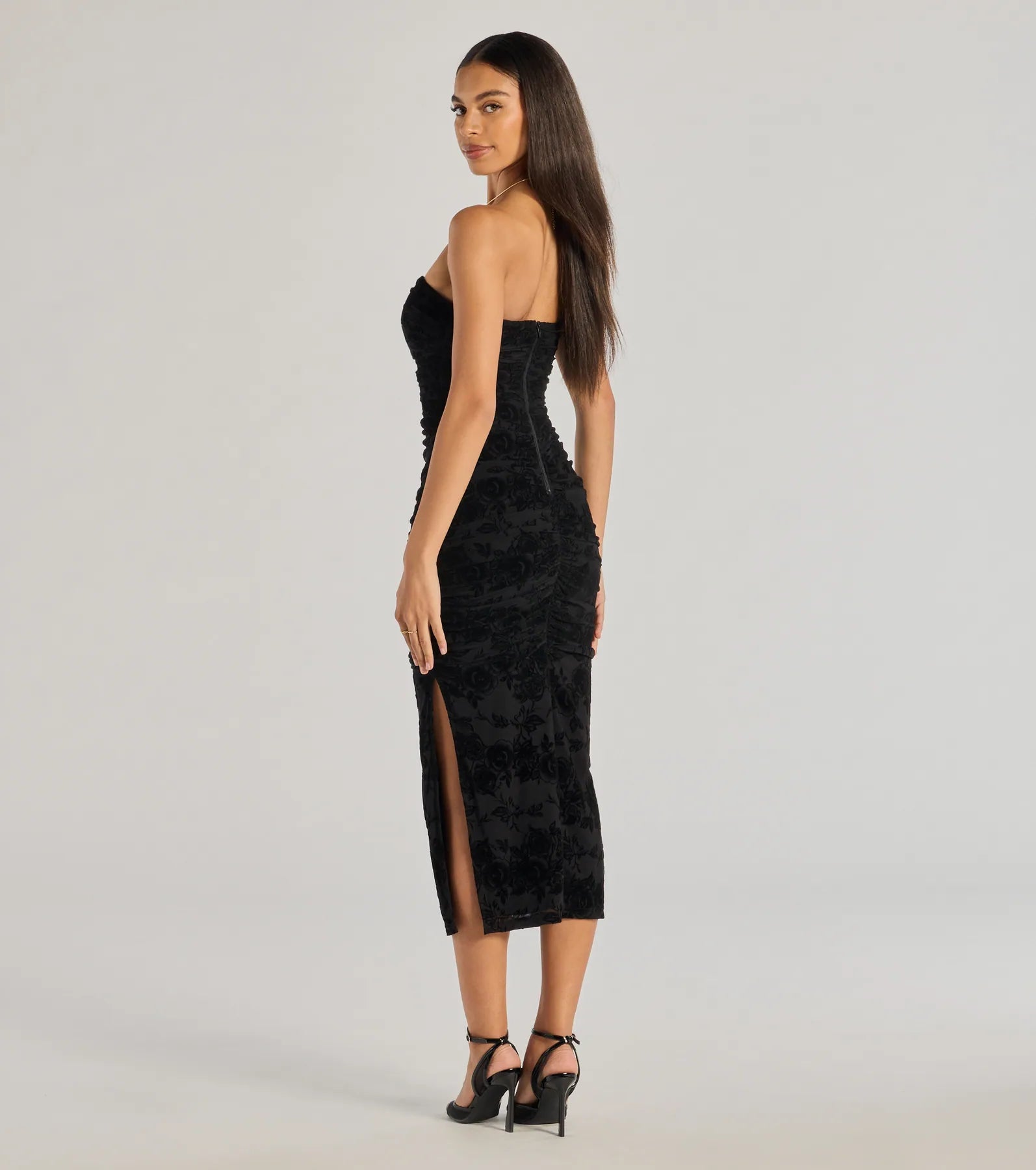 Destiny Strapless Velvet Mesh Midi Dress - Image 6
