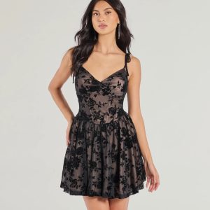 Decadent Beauty Flocked Floral Velvet Skater Dress