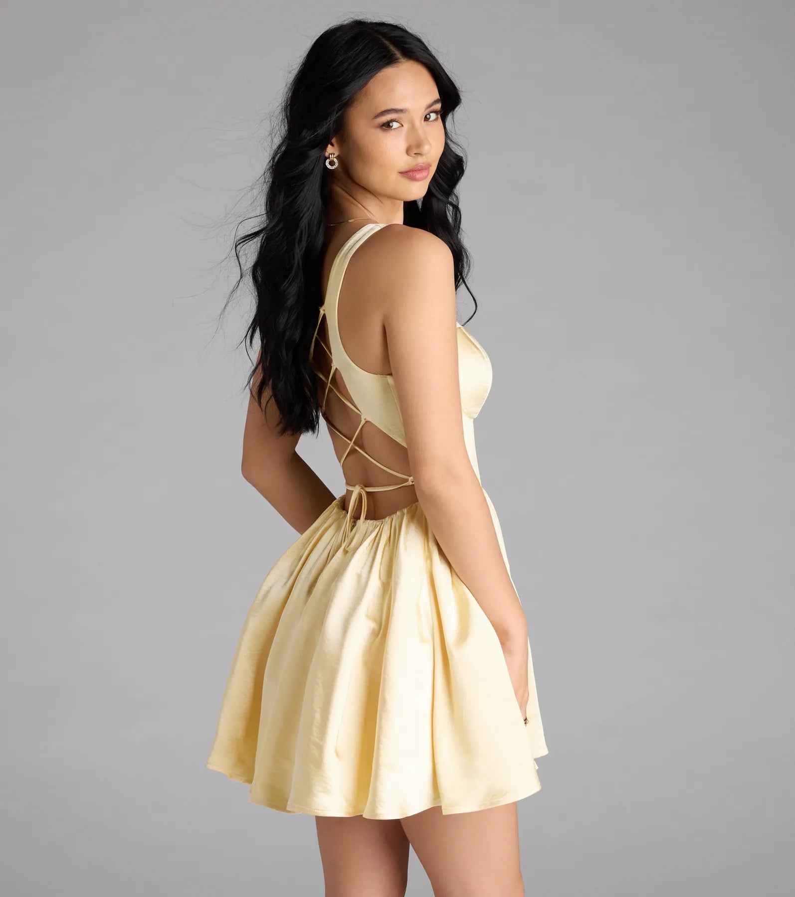 Kimmie Lace-Up Corset Satin Skater Dress - Image 2