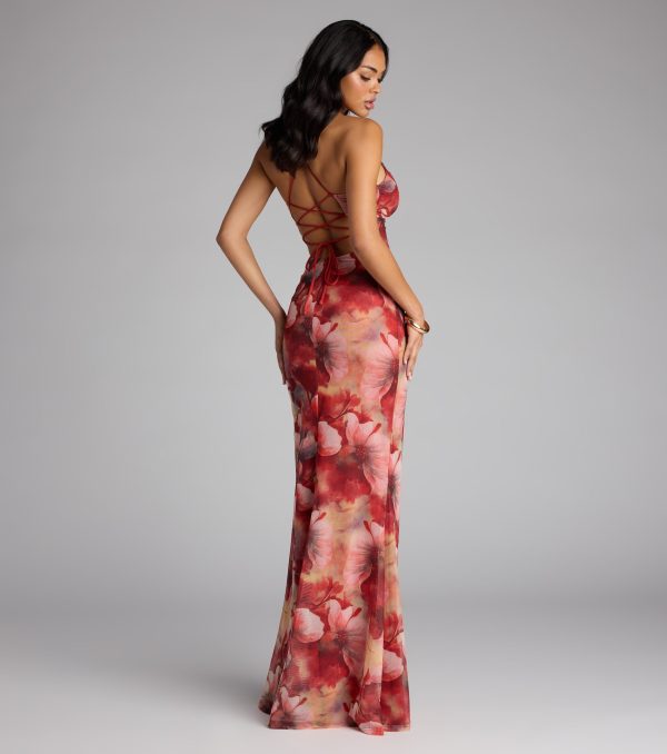 Sloane Floral Mesh High Slit Mermaid Dress - Image 2
