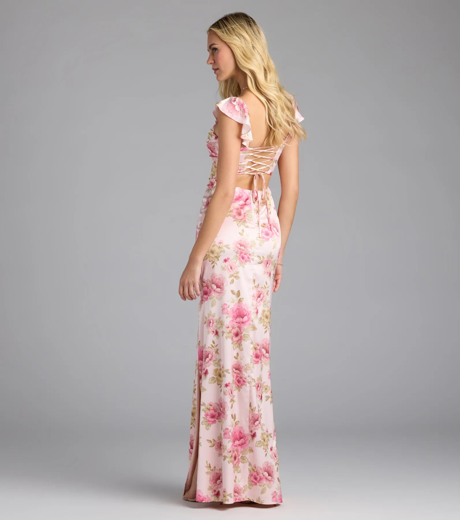 Alena Floral Satin Ruffle Sleeve Column Dress - Image 2