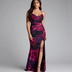 Tania Floral Lace-Up Slit Formal Dress