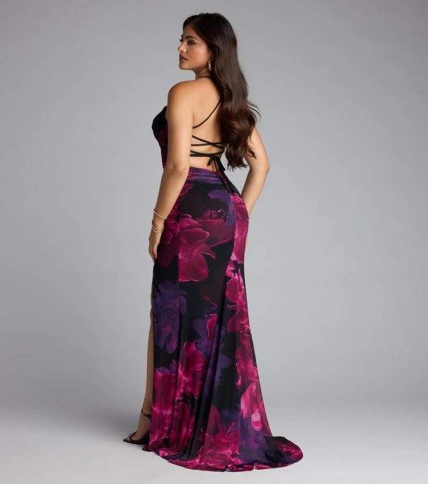 Tania Floral Lace-Up Slit Formal Dress - Image 2