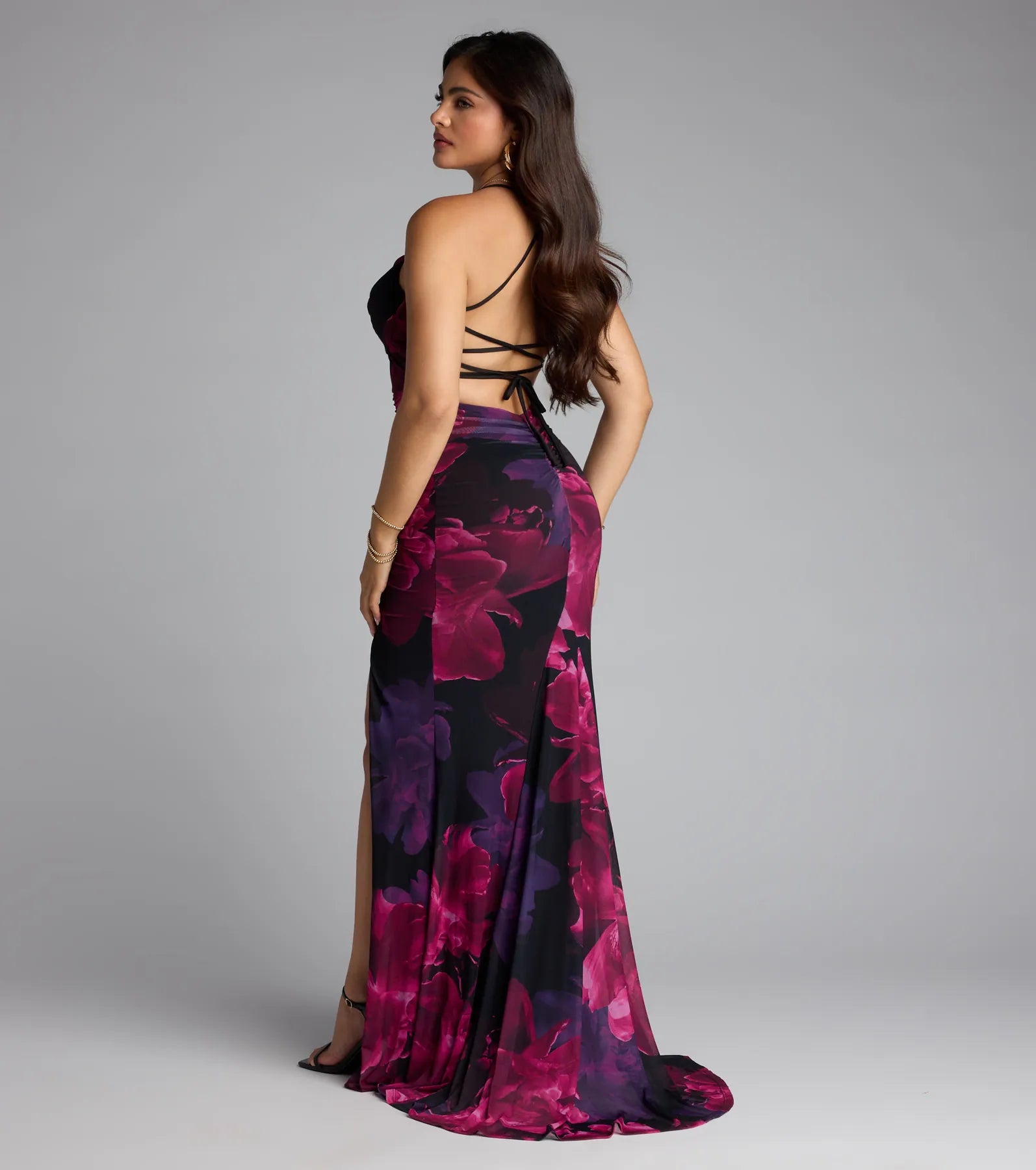 Tania Floral Lace-Up Slit Formal Dress - Image 2