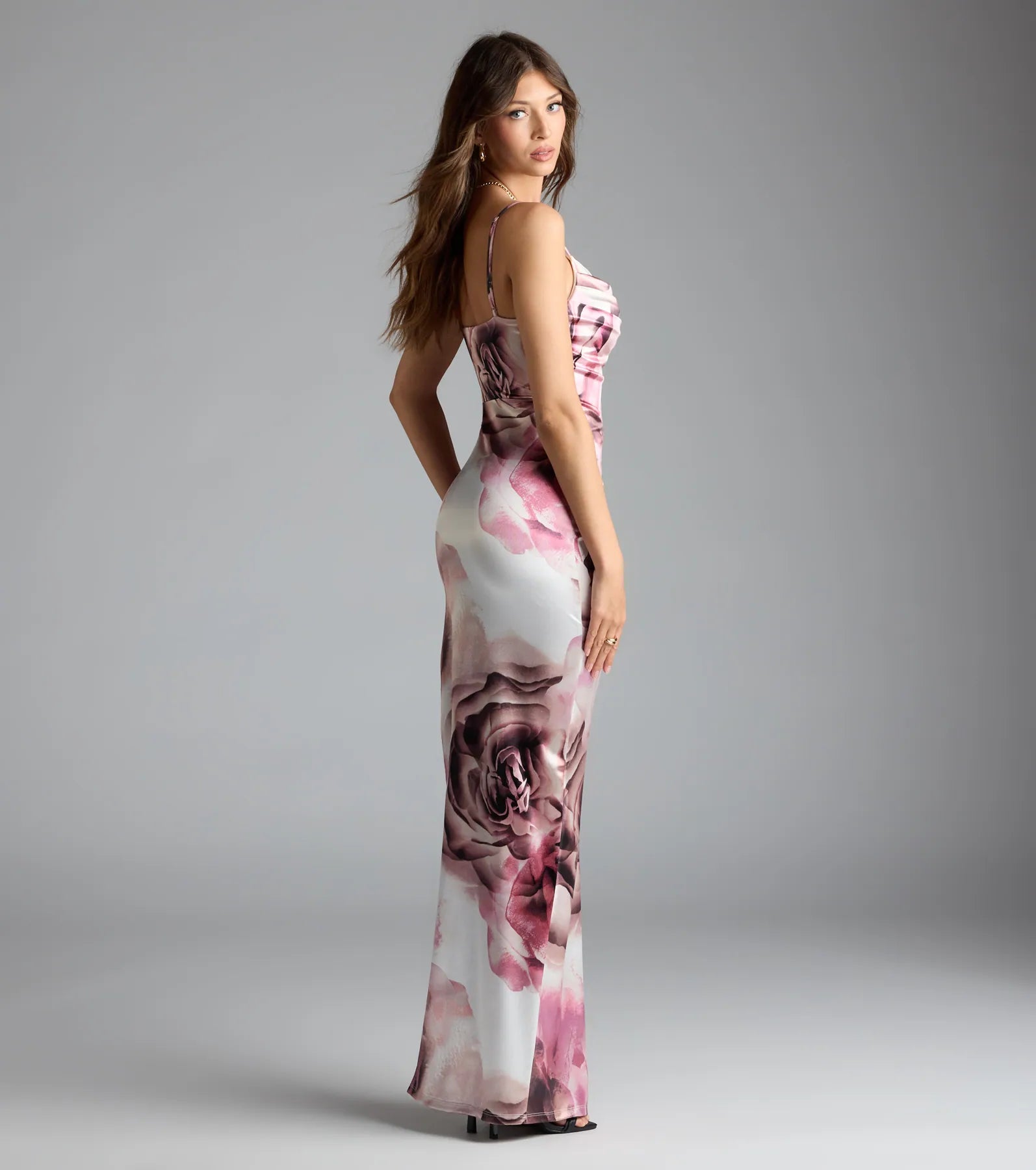 Solada Cowl Neck Slit Floral Satin Formal Dress - Image 2