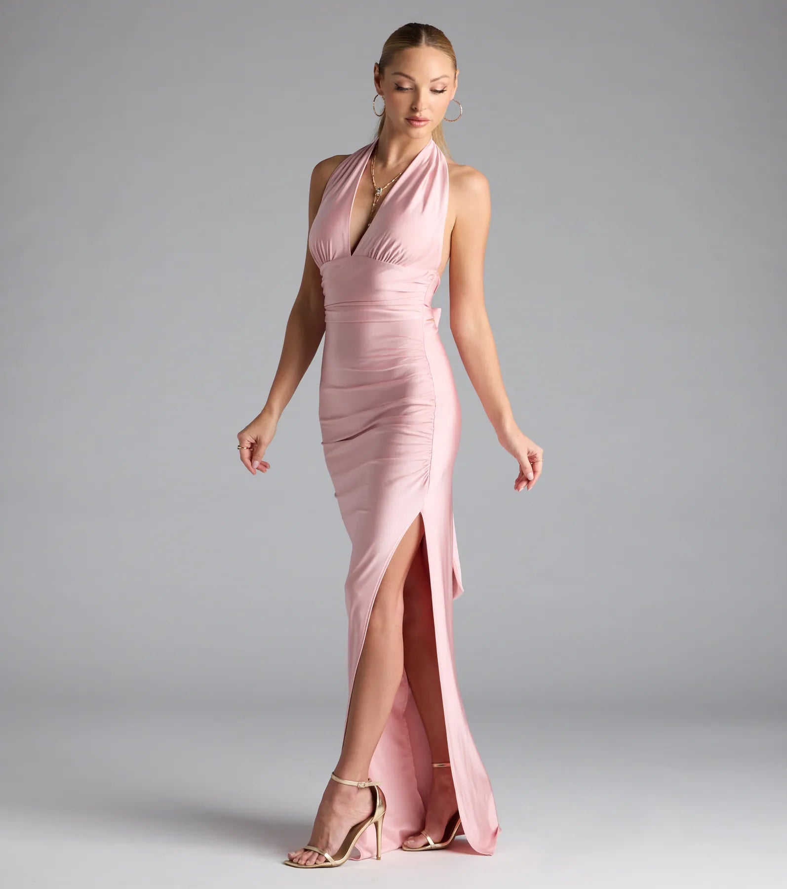Darla Halter Open Back Bow Slit Formal Dress - Image 12