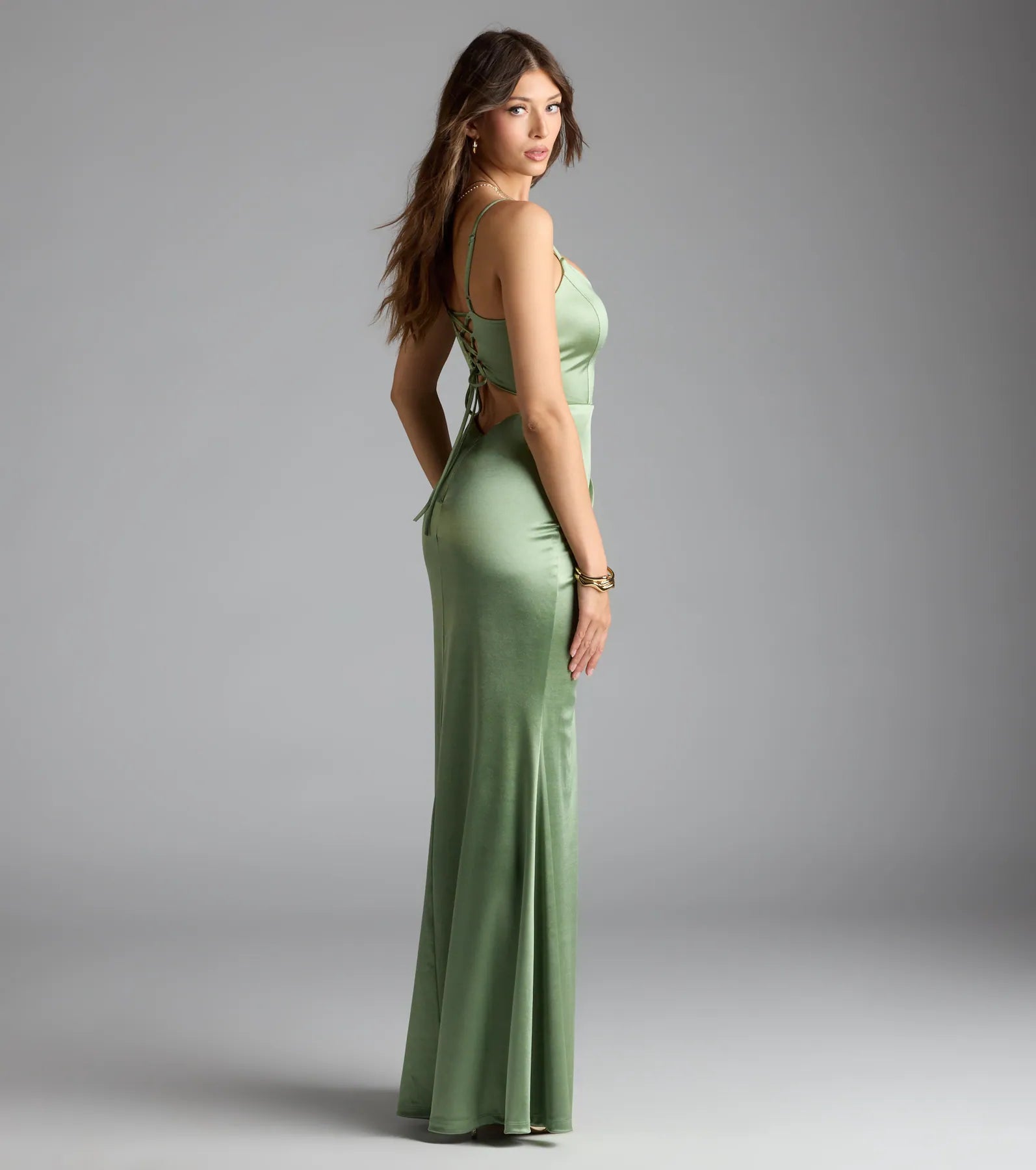 Alaine Lace-Up Slit Mermaid Satin Formal Dress - Image 2