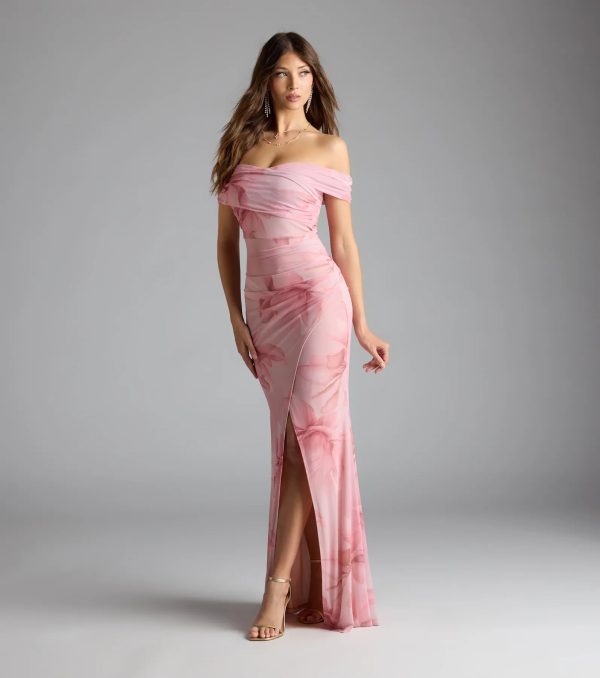 Cornelia Off-The-Shoulder Slit Floral Formal Dress