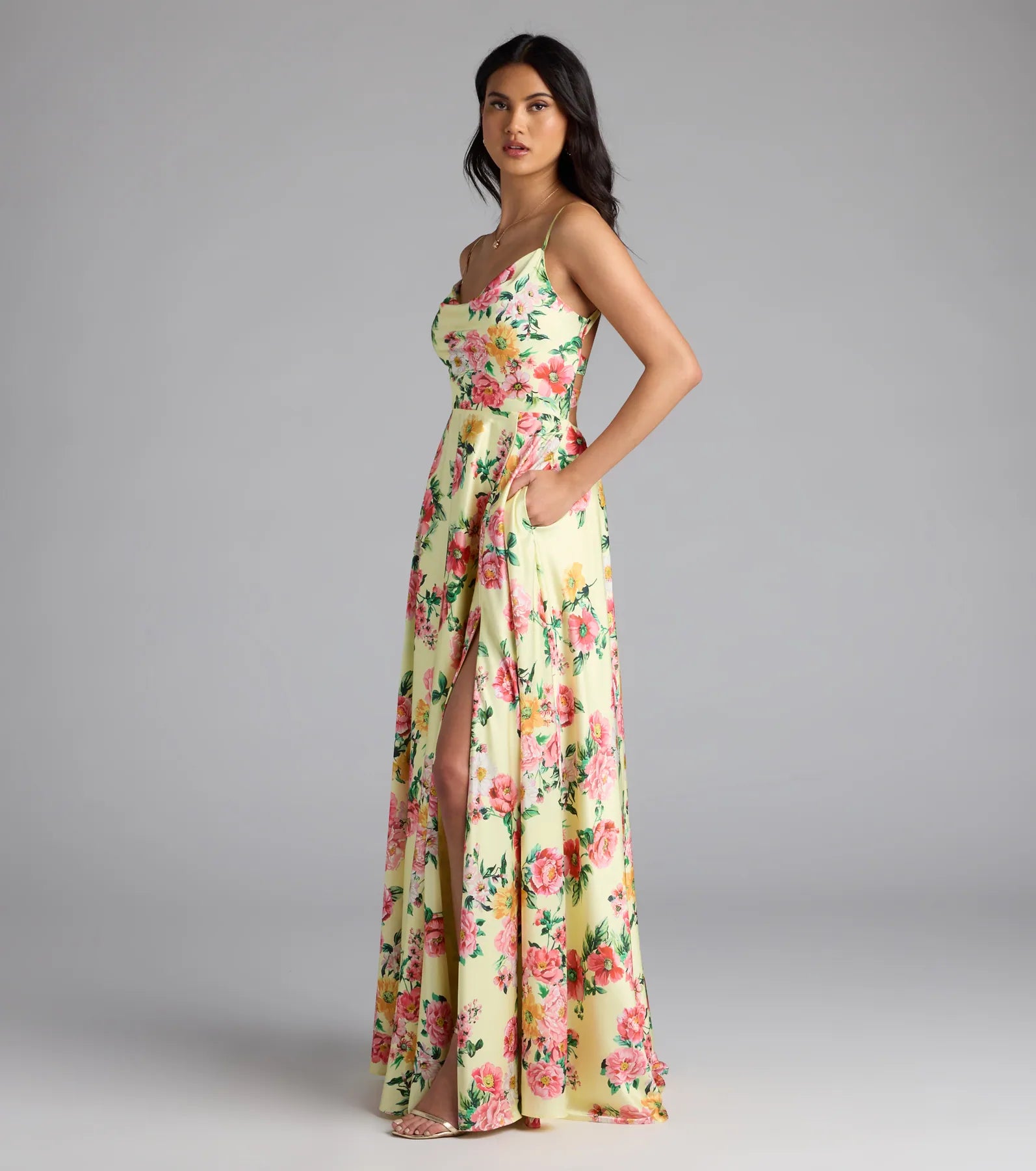 Robina Lace-Up A-Line Floral Satin Formal Dress - Image 8
