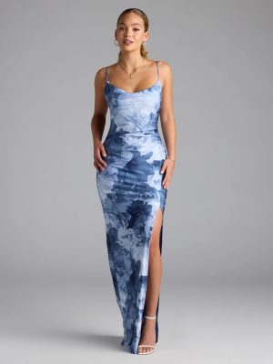 Isa Floral Cowl Neck Slit Formal Dress