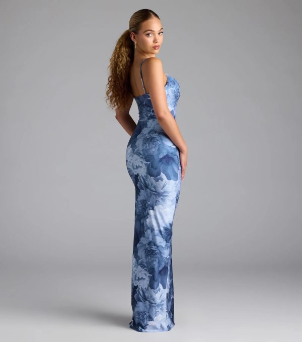Isa Floral Cowl Neck Slit Formal Dress - Image 3