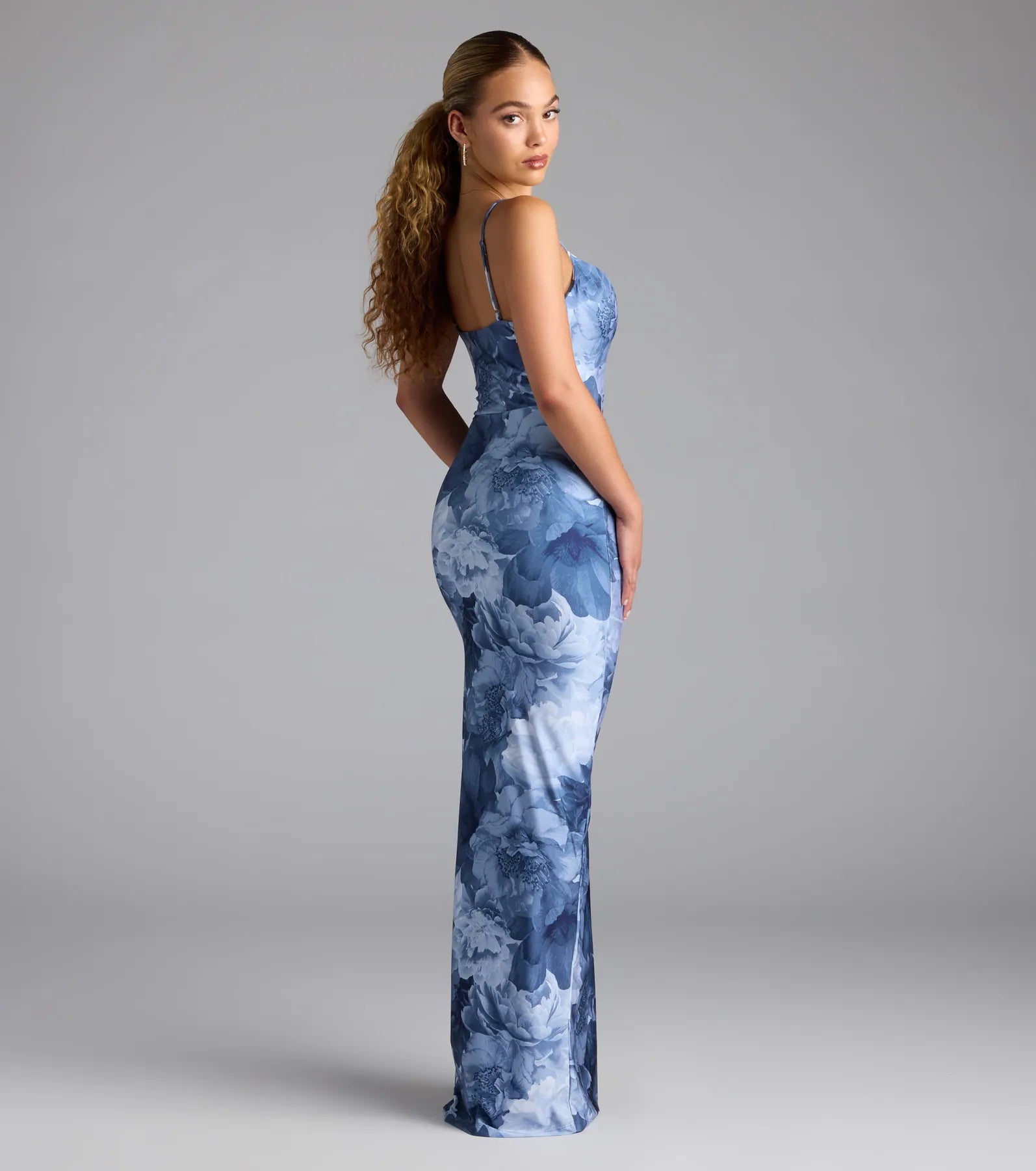 Isa Floral Cowl Neck Slit Formal Dress - Image 3