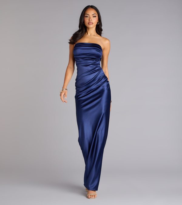Brianna Satin Strapless High Slit Column Dress - Image 17