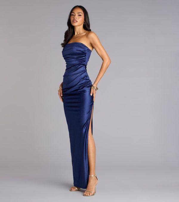 Brianna Satin Strapless High Slit Column Dress - Image 20