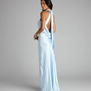Andie Halter Open Back Slit Satin Formal Dress
