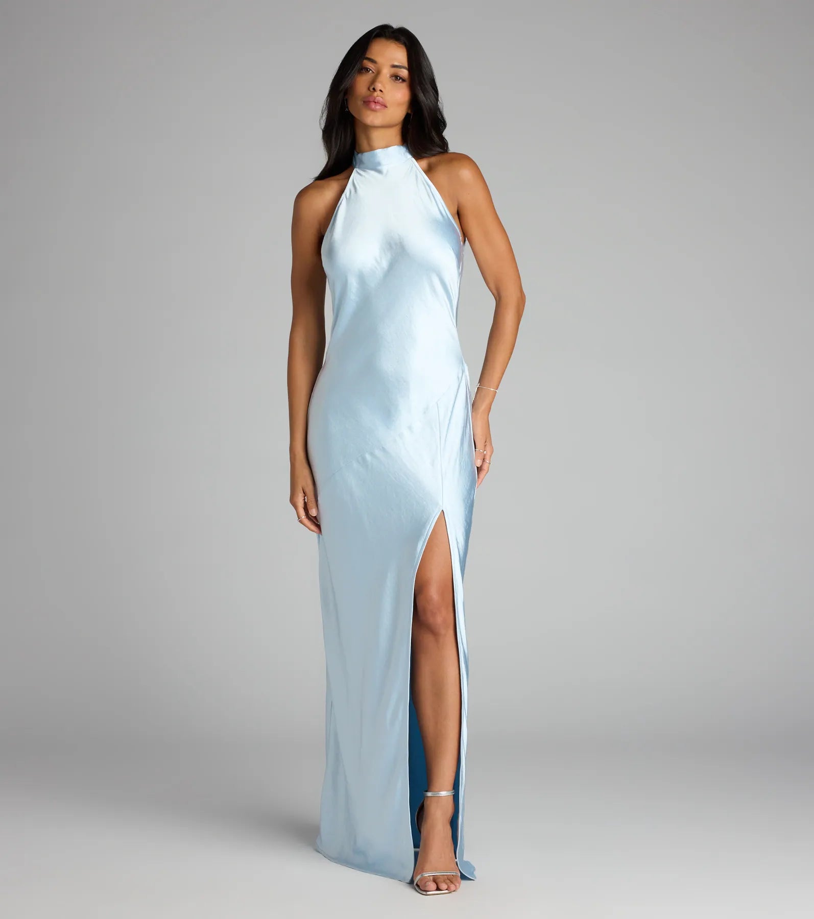 Andie Halter Open Back Slit Satin Formal Dress - Image 2