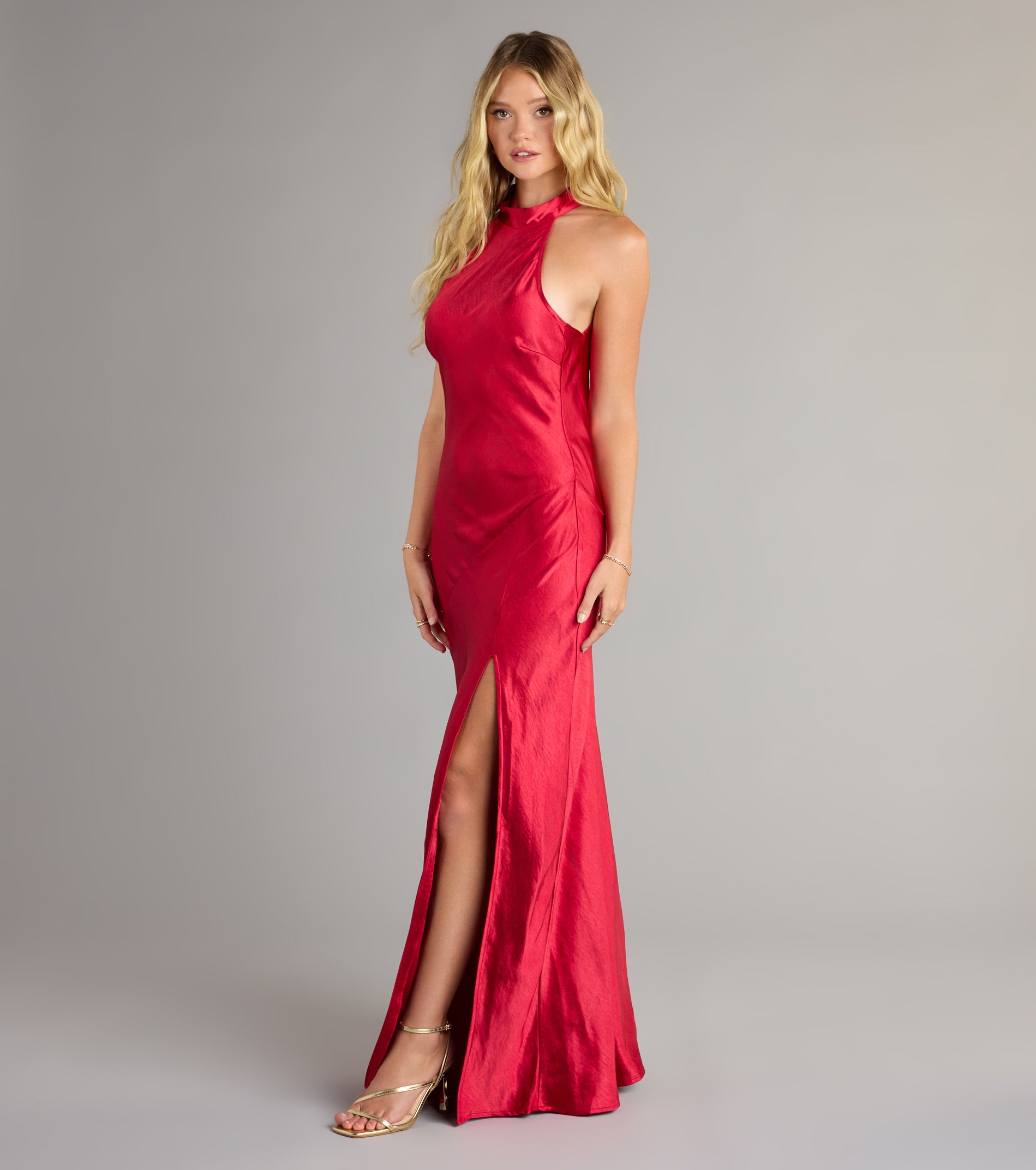 Andie Halter Open Back Slit Satin Formal Dress - Image 25