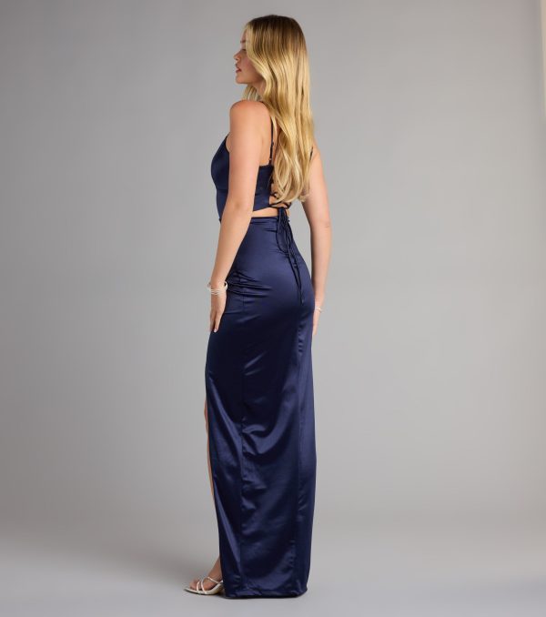 Janice Satin Lace-Up Wrap Slit Formal Dress - Image 2