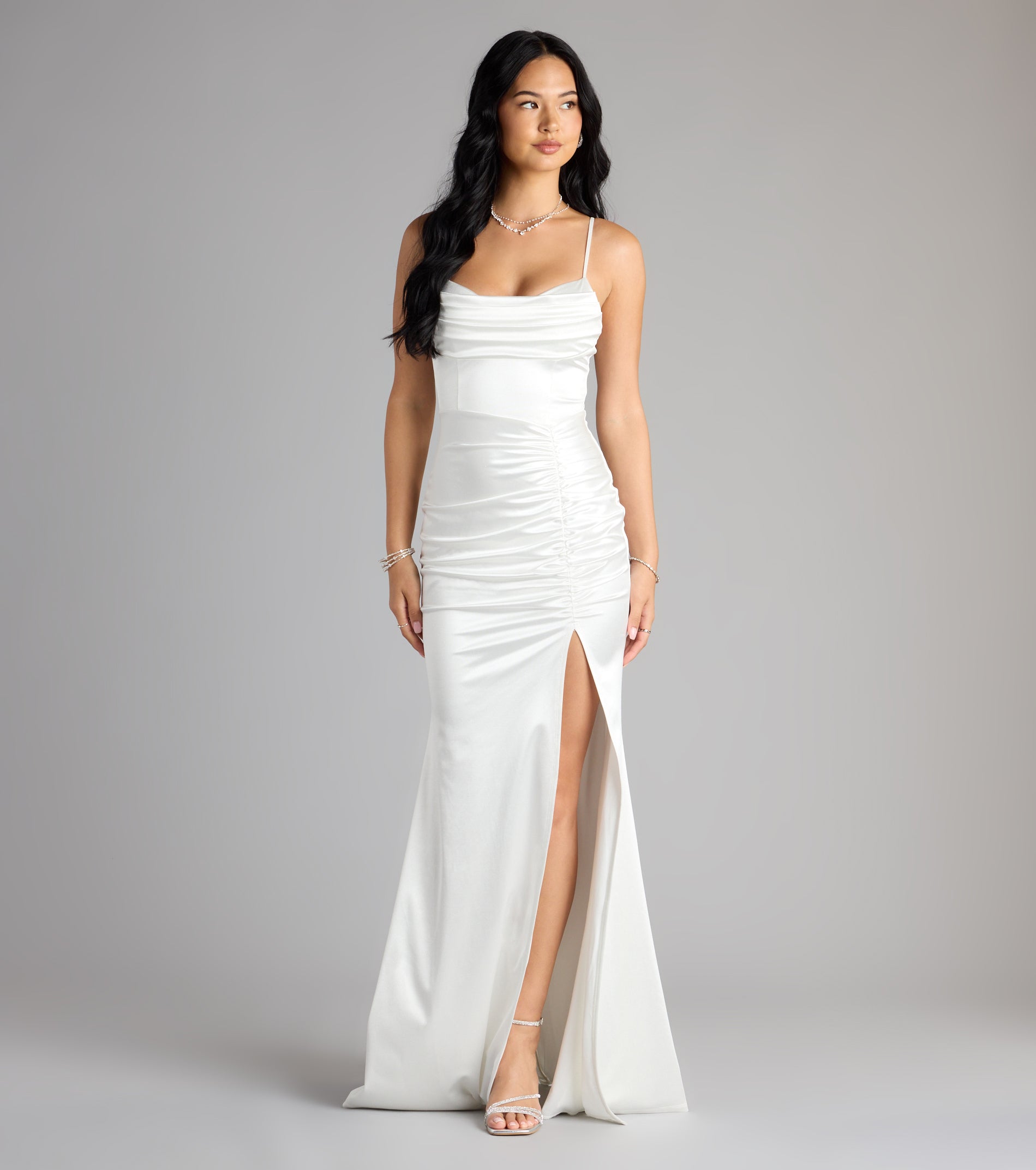 Jazmine Cowl Neck Slit A-Line Satin Formal Dress - Image 17