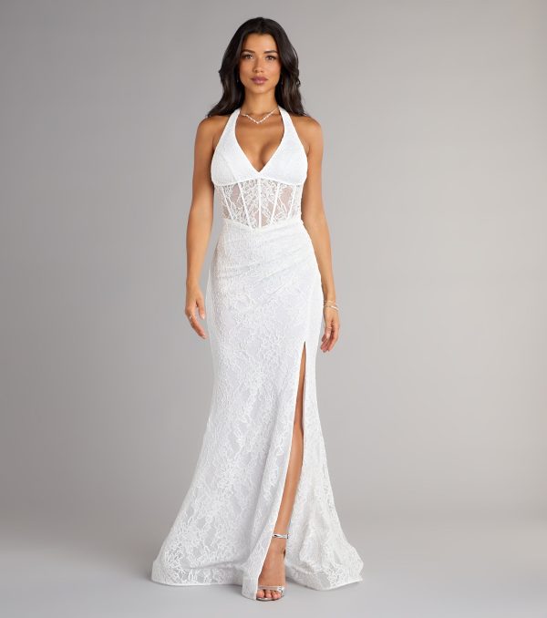 Cadie Halter Corset Slit Lace Formal Dress - Image 7