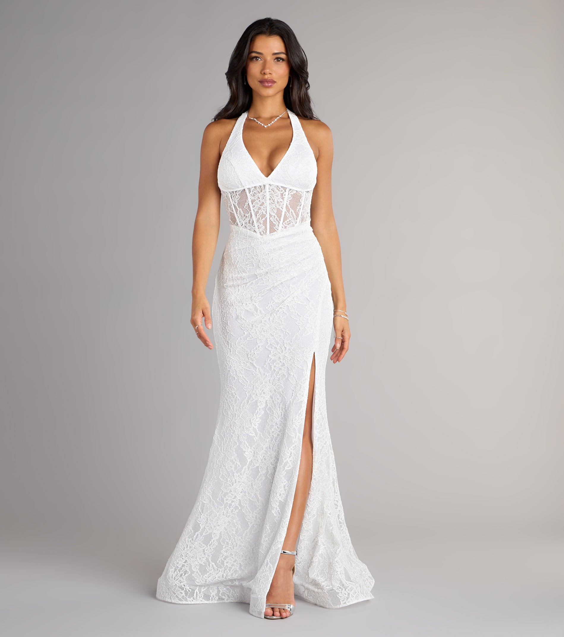 Cadie Halter Corset Slit Lace Formal Dress - Image 7