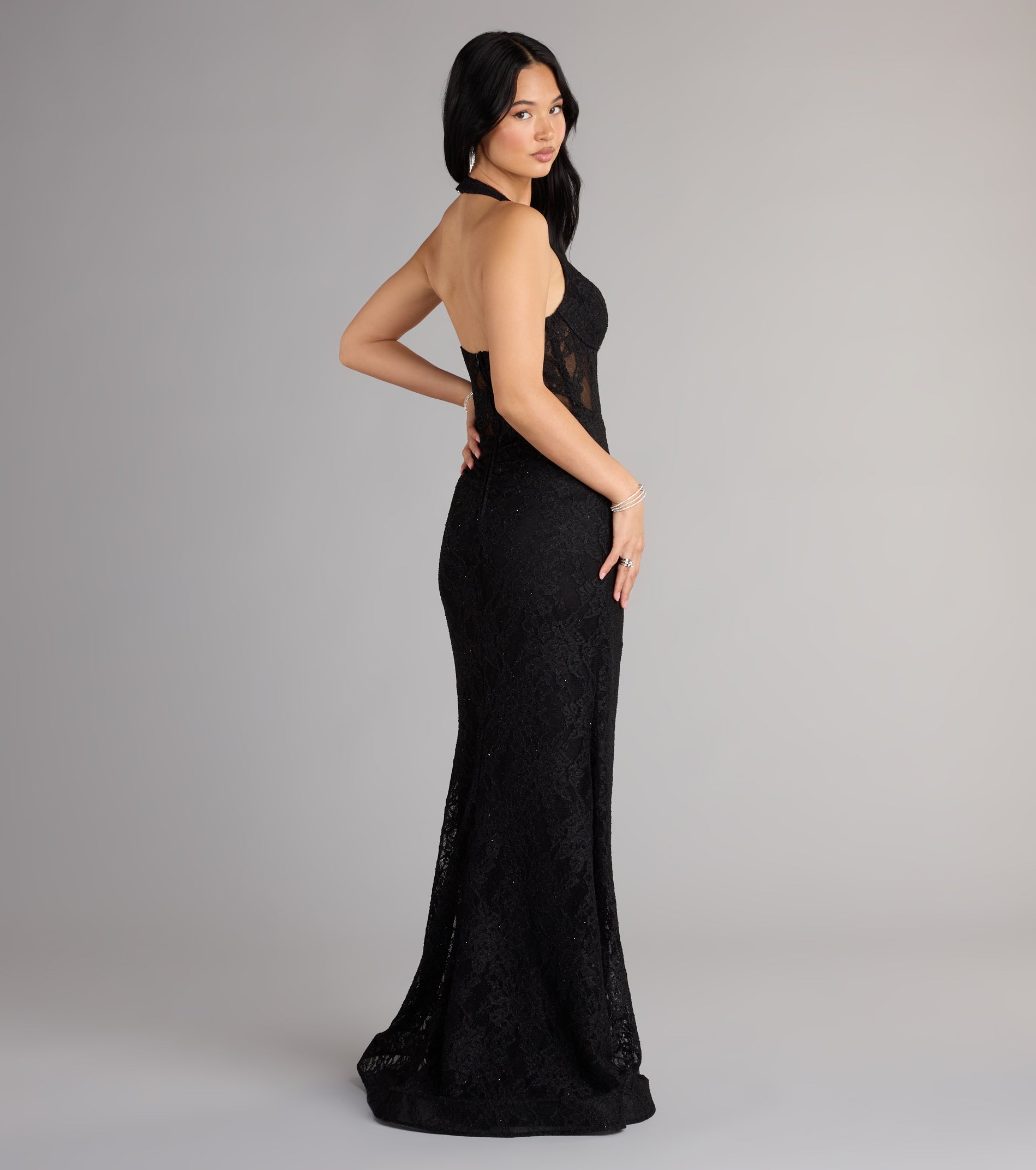 Cadie Halter Corset Slit Lace Formal Dress - Image 12
