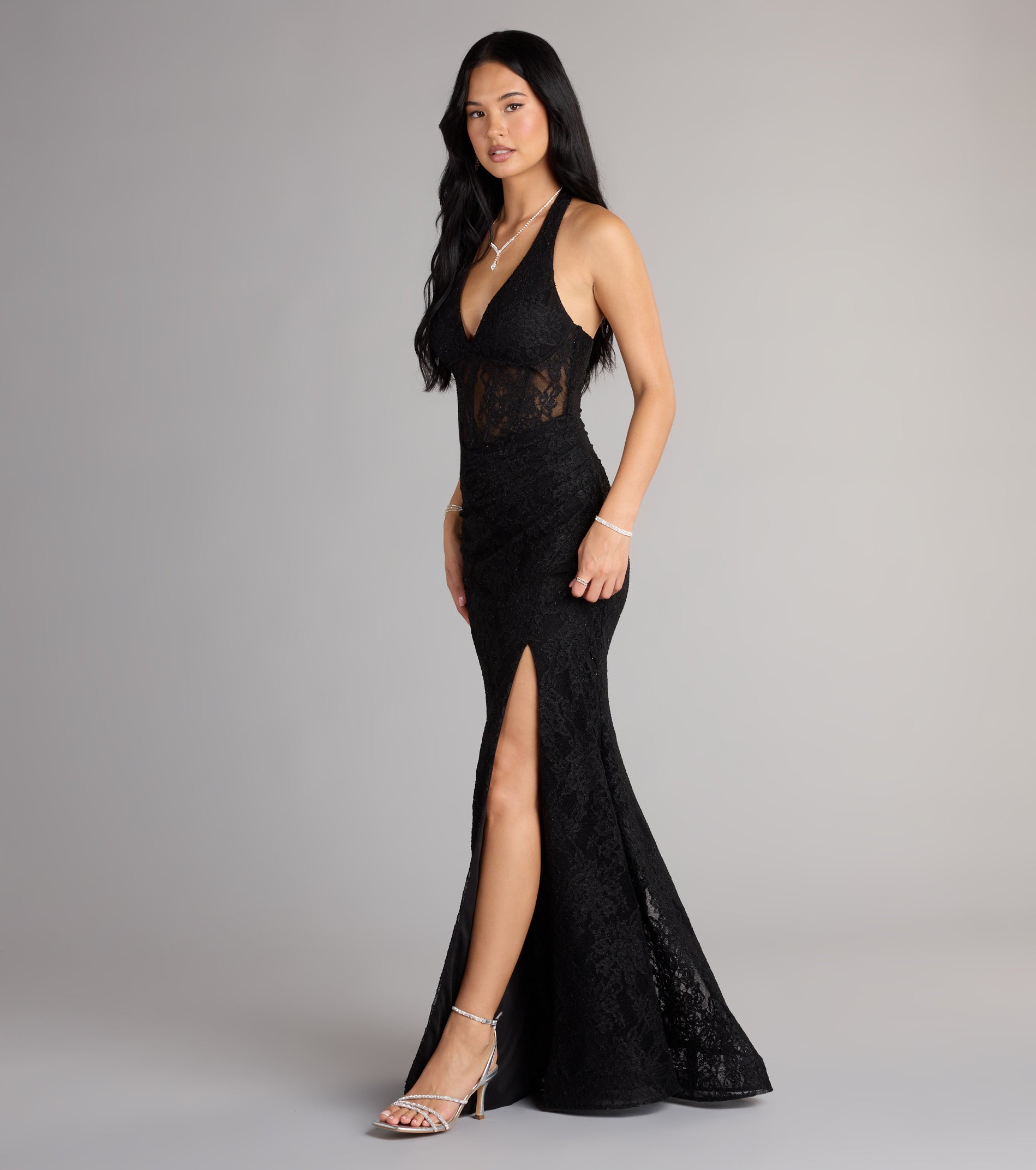 Cadie Halter Corset Slit Lace Formal Dress - Image 14
