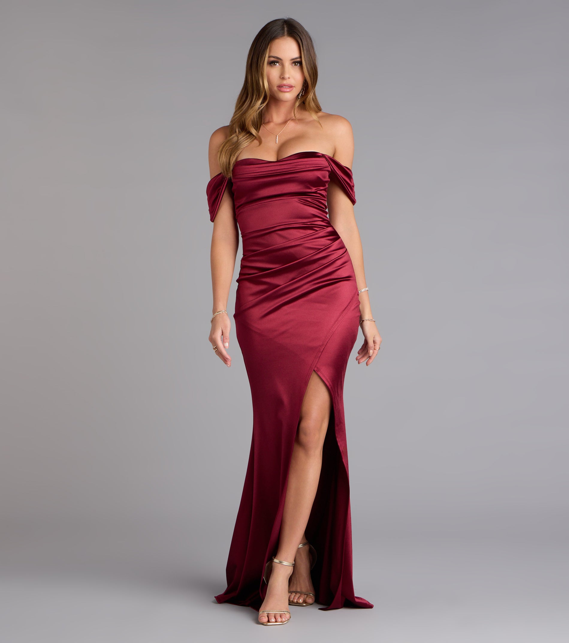 Belinda Off-The-Shoulder Slit Satin Formal Dress - Image 13