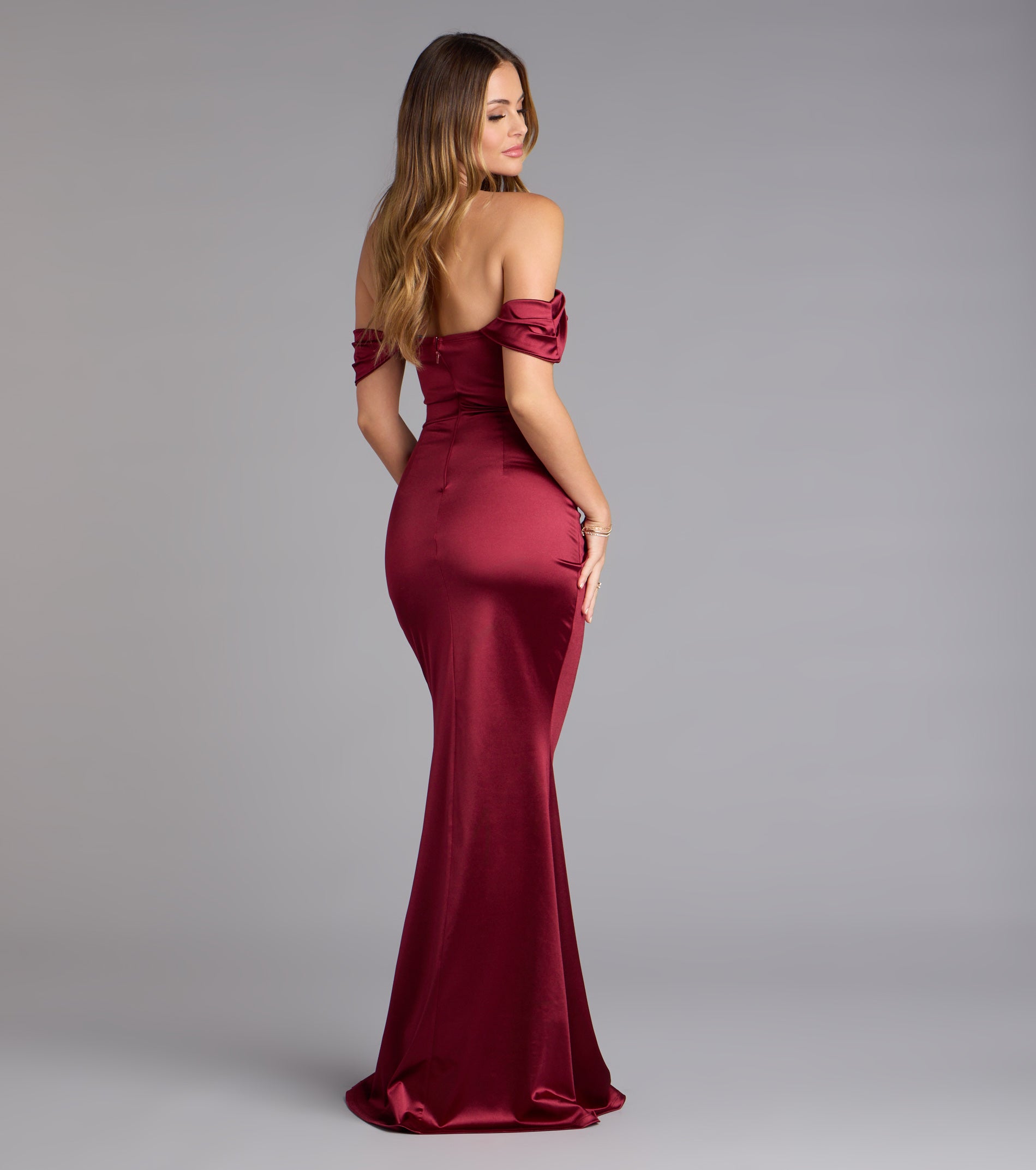 Belinda Off-The-Shoulder Slit Satin Formal Dress - Image 14