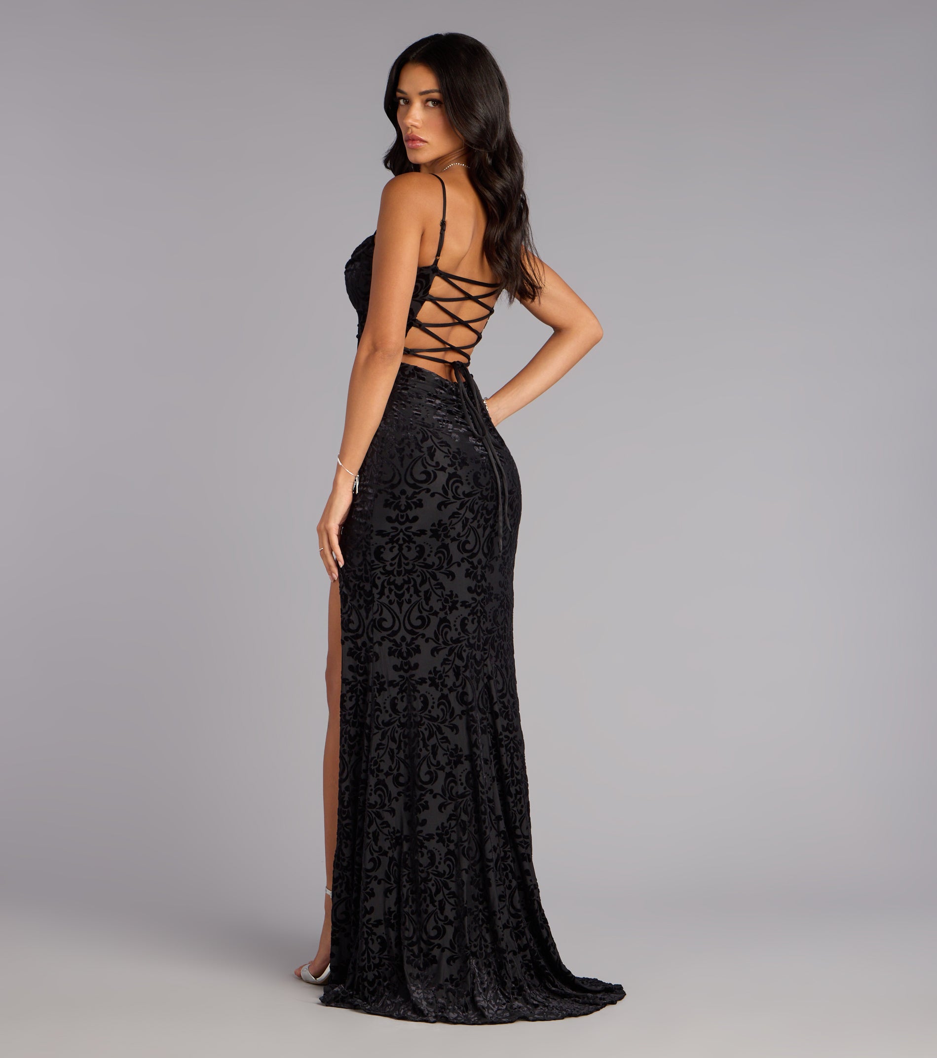 Ashlie Velvet Burnout Lace-Up Formal Dress - Image 6