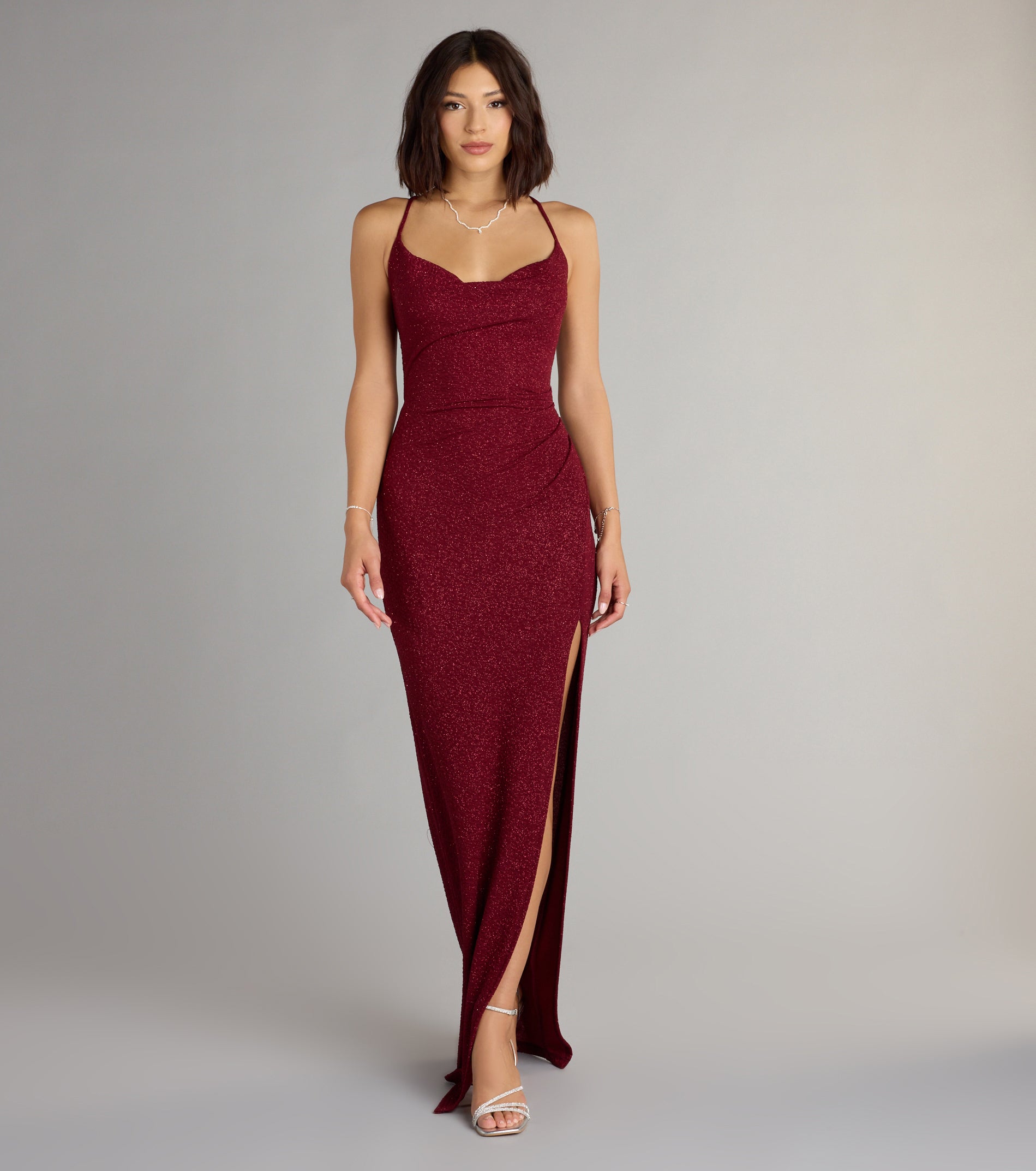 Amirah Formal Glitter Cowl Neck Column Dress - Image 13
