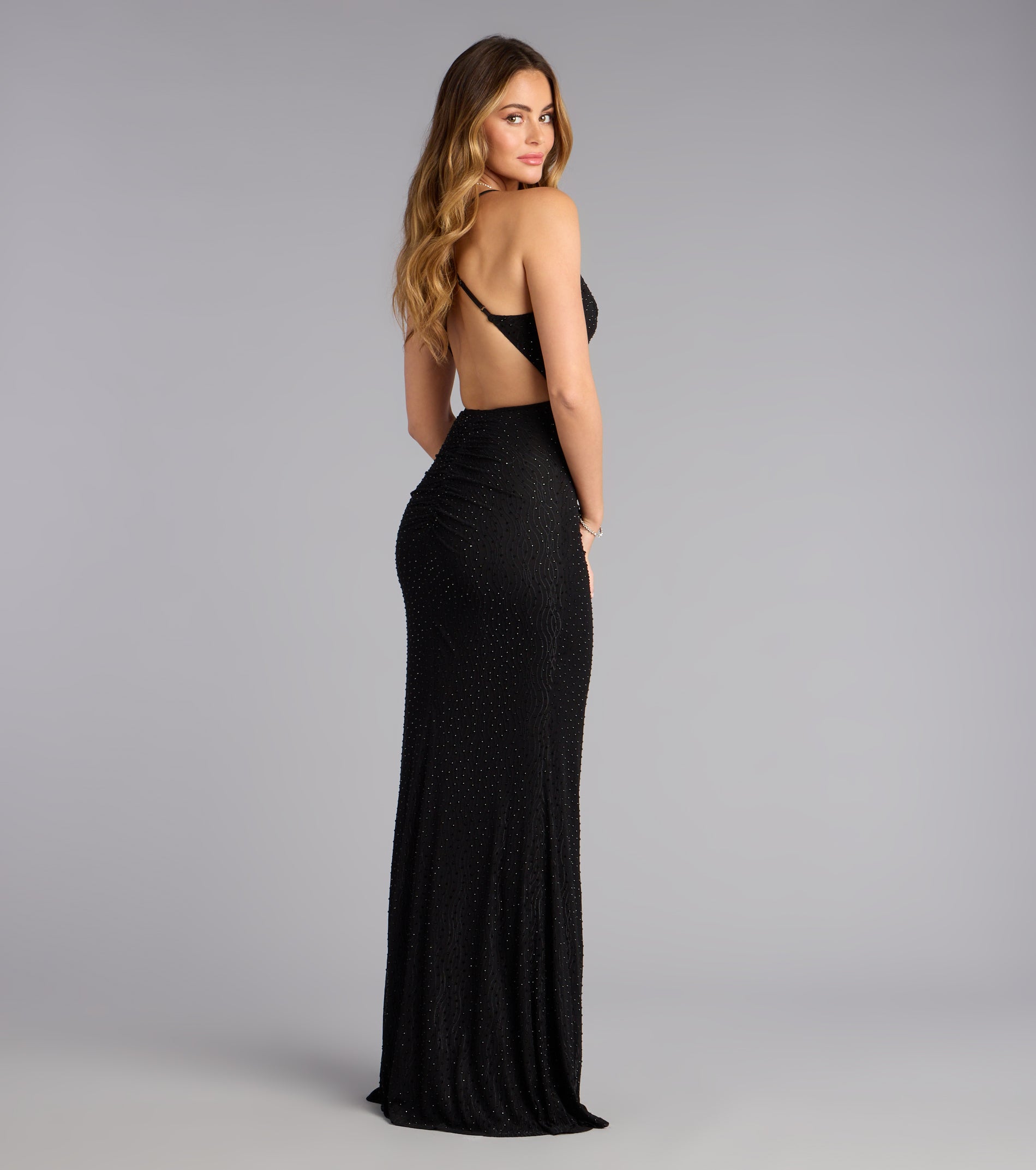 Lyra Rhinestone Mesh Cowl Neck Formal Dress - Image 2