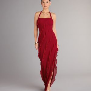 Marley Halter Ruffle Slit Formal Dress