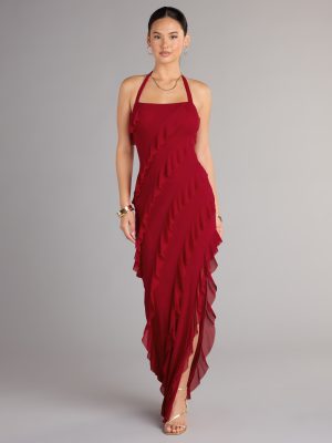 Marley Halter Ruffle Slit Formal Dress