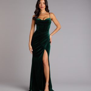 Helga Velvet Lace-Up Slit Mermaid Dress