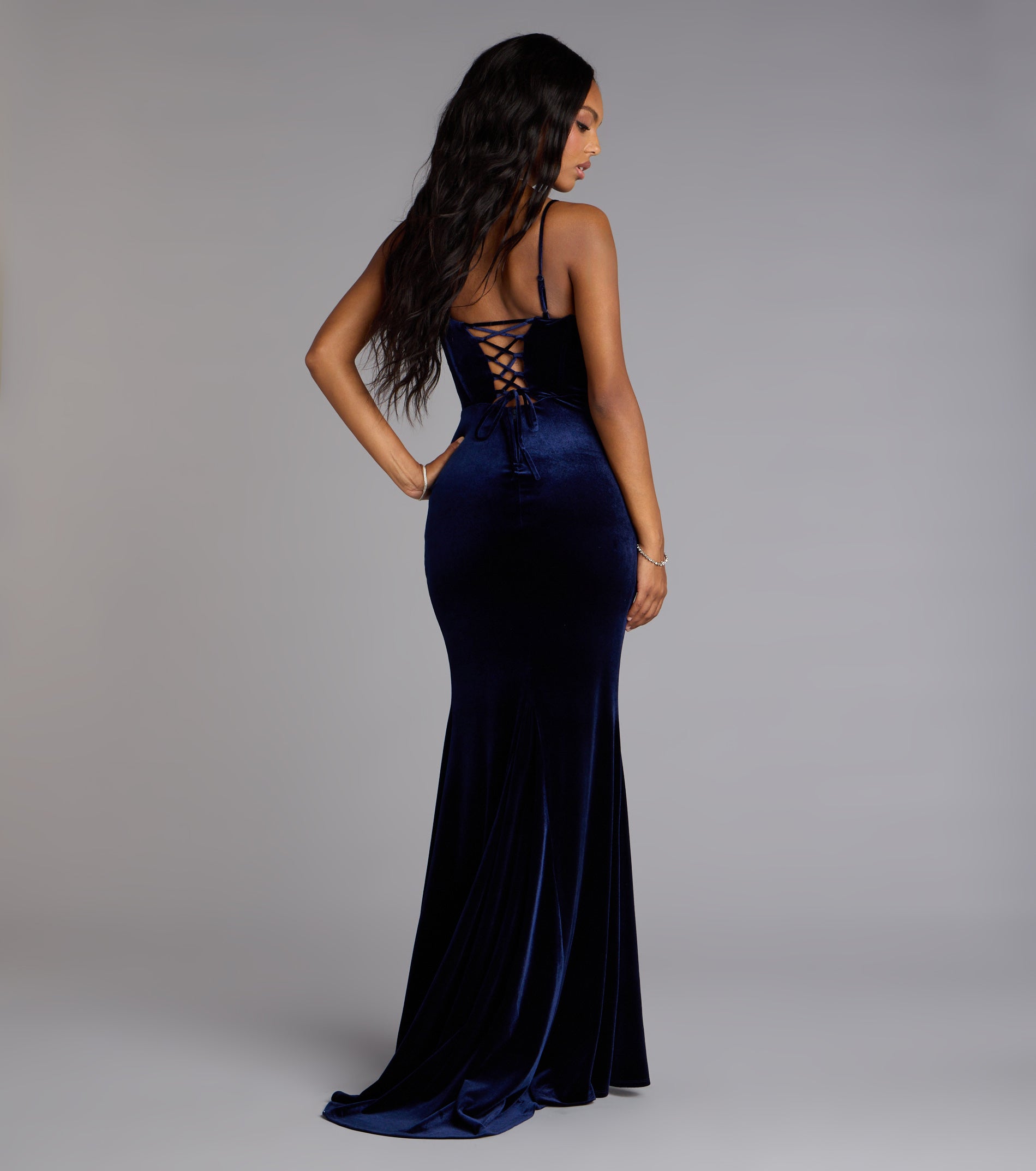 Saylor Velvet Lace-Up Slit Mermaid Formal Dress - Image 2