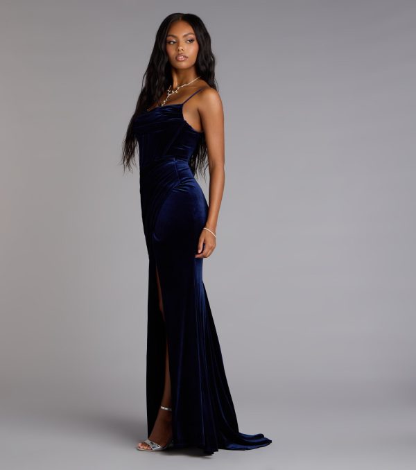 Saylor Velvet Lace-Up Slit Mermaid Formal Dress - Image 4