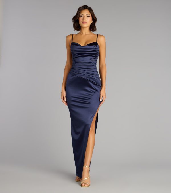 Alessia Satin Cowl Neck Slit Formal Dress - Image 5