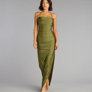 Stefani Lace-Up Slit Formal Dress