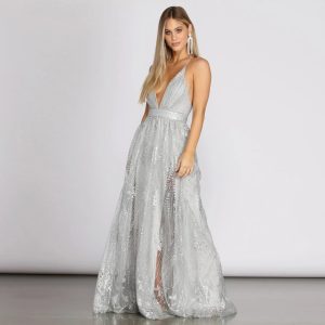 Janica Plunging Glitter A-Line Dress