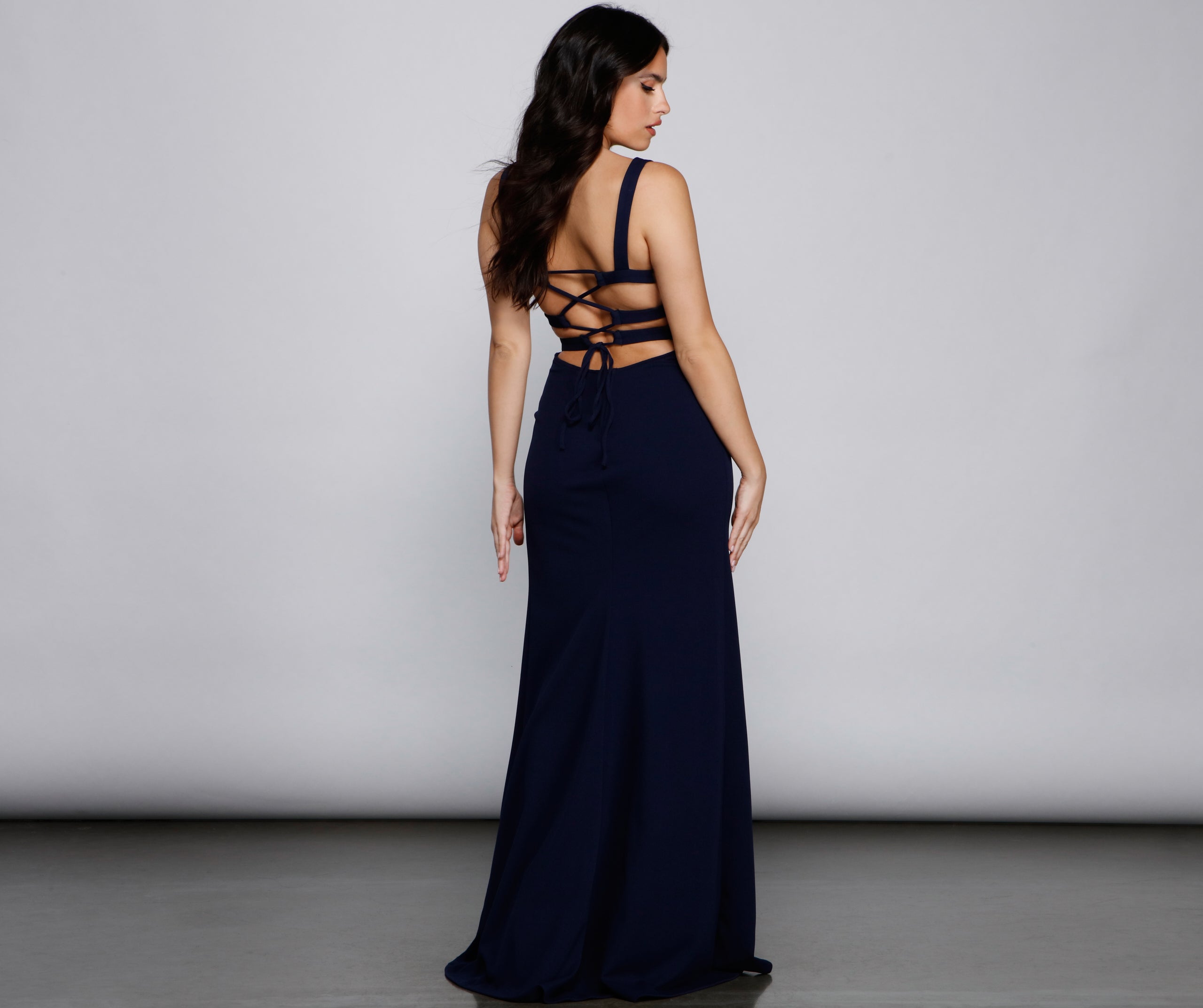 Vanya High Slit Lace Up Crepe Dress - Image 2
