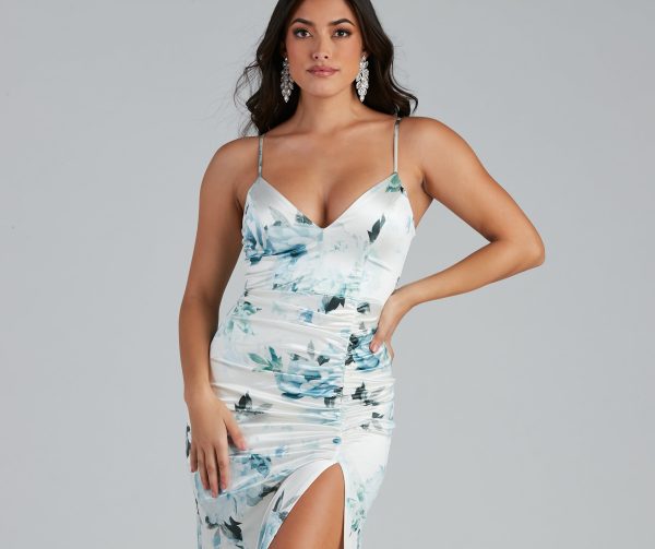 Taylor Satin Floral High-Slit Dress - Image 11