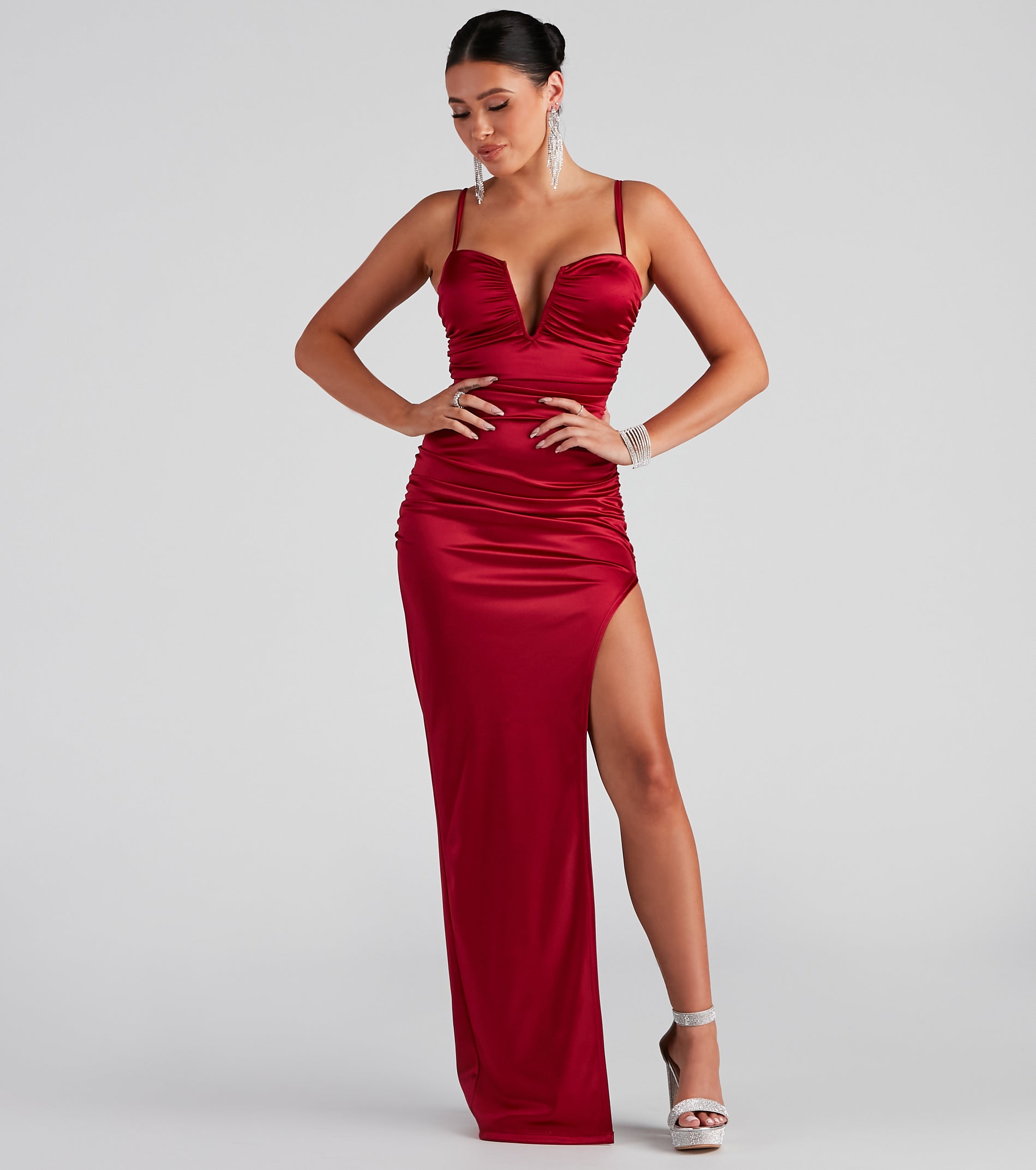 Jessa Formal Satin V-Neck Slit Dress - Image 5
