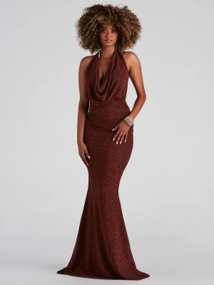 Kesha Formal Glitter Cowl Neck Dress