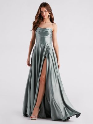 Elaina Formal Satin Cowl A-Line Dress