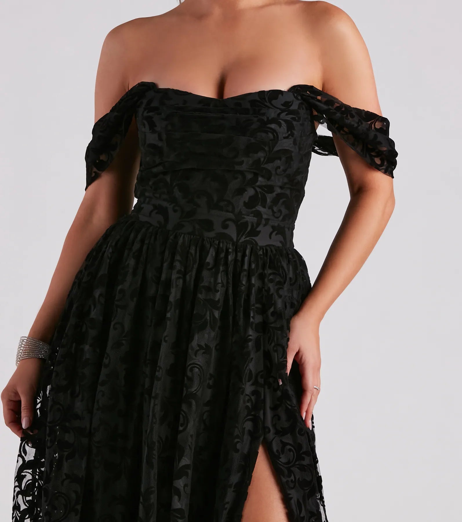 Nyra Formal Flocked Velvet A-Line Dress - Image 4
