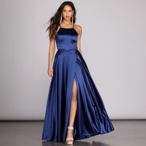 Gabrielle Formal High Slit Satin Dress